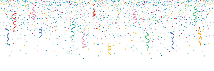 Colorful confetti isolated on white background border frame repeat pattern. Great for a birthday party or an event celebration invitation or decor. Surface pattern design