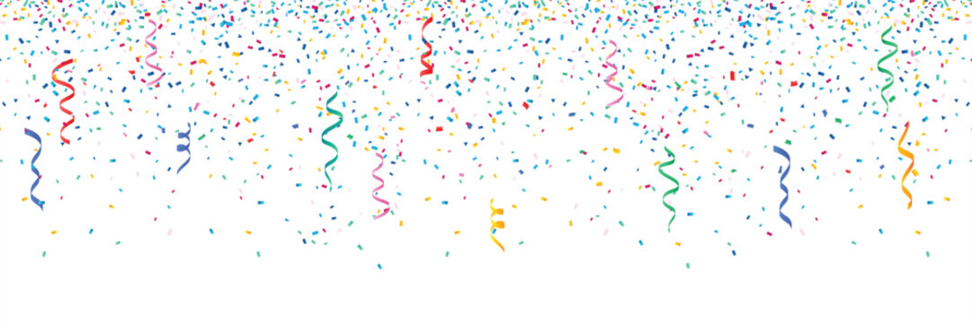 Colorful confetti isolated on white background border frame repeat pattern. Great for a birthday party or an event celebration invitation or decor. Surface pattern design