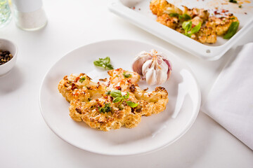 Cauliflower steak with spices and herbs. Healthy vegan organic cuisine.