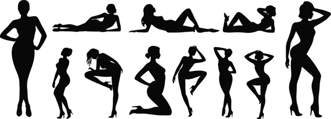 Diverse female silhouette poses, elegant standing and reclining women, fashion models, graceful posture, high heels, modern black vector art, stylish body shapes