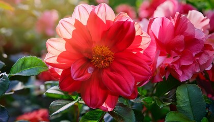 beautiful red and pink flowers bloom in a vibrant garden showcasing nature s beauty with green leaves and delicate petals