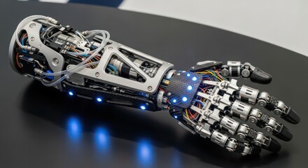 High-Tech Bionic Arm with Exposed Circuitry, Carbon Fiber, and Luminous Blue LEDs