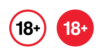 18+ age limit icon. Eighteen plus symbol in red circle. Adult only content sign