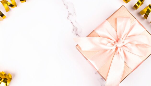 An elegant metallic rose gold birthday gift box tied with a luxurious pink satin ribbon, presented on a white marble surface with golden streamers.