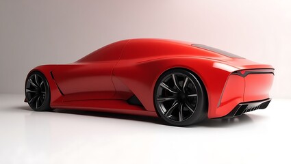 Rear view of a sleek red concept car with black wheels against a white background in studio lighting