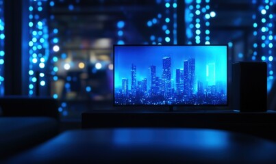 Obraz premium A television shows a city skyline in bright colors while blue lights fill the room. The scene happens at night, creating a modern and vibrant atmosphere with city buildings visible