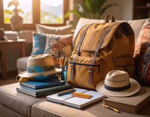 Cozy Travel Planning Still Life with Backpack and Accessories
