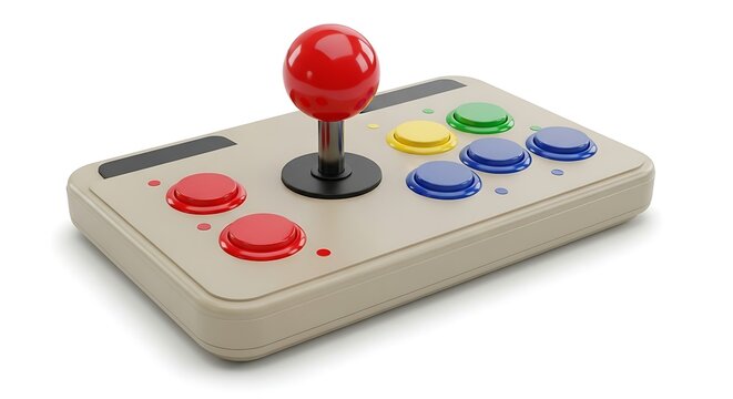 A classic retro arcade game controller with a red joystick, isolated on a white background.