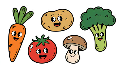 Fototapeta premium Cartoon vegetables with faces including a carrot potato tomato mushroom and broccoli on white