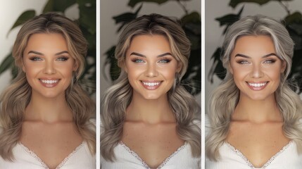Three portraits of a young Caucasian woman with long wavy hair, showcasing different hair colors: blonde, light brown, and silver. She has a bright smile and clear skin.