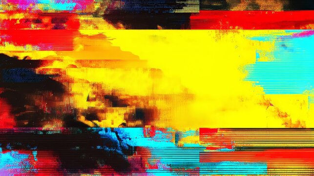 Vibrant glitch art background with neon yellow, red and blue tones in retro Y2K and 90s aesthetic, featuring pixelated texture, bold fluorescent color blocks and abstract digital distortion design