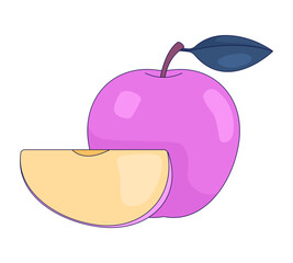 Whole apple with cut slice 2D cartoon object. Sliced fruit freshness and sweet flavor. Juicy plum. Summer natural dessert isolated element flat vector clip art on white. Spot illustration