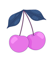 Two cherries with leaves and stems 2D cartoon object. Fresh fruit, summer produce. Sweet berries. Natural snack. Ripe cherry cluster isolated element flat vector clip art on white. Spot illustration