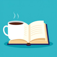 A steaming cup of coffee rests beside an open book, creating a cozy and inviting scene.