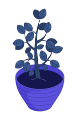 Leafy plant in striped flower pot 2D cartoon object. Indoor gardening, home decor. Greenery potted houseplant. Foliage flowerpot isolated element flat vector clip art on white. Spot illustration