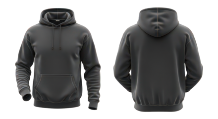 Front and back view of a dark gray hooded sweatshirt, isolated on a white background, showcasing the garment's design.