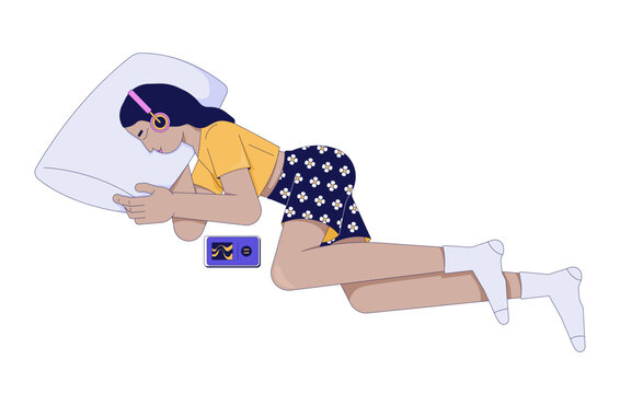 Indian girl sleeping with headphones 2D cartoon character. Young middle eastern woman listening to music with mobile playlist flat vector person isolated on white. Spot illustration colorful