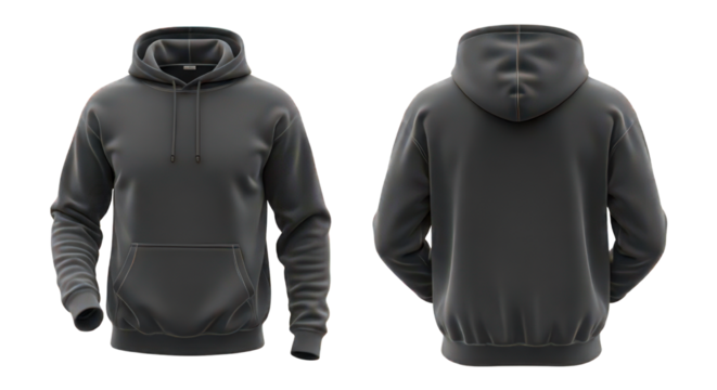 Front and back view of a dark gray hooded sweatshirt, isolated on a white background, showcasing the garment's design.
