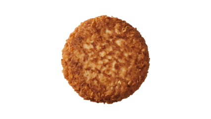 A single golden brown hash brown patty isolated against a solid black background in a studio shot