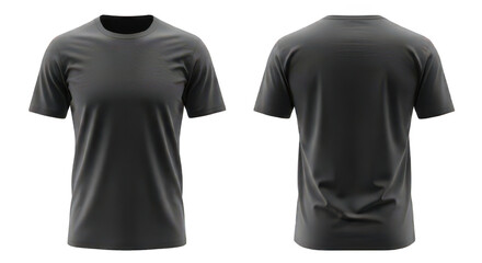 Front and back views of a plain, dark gray t-shirt, isolated on a white background, showcasing its design and shape.