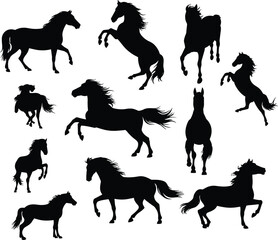 Horse silhouette collection, galloping stallion vector, running wild horse clipart, black horse illustration, mustang poses set, equine silhouette graphic, isolated animal design elements
