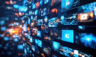 A vibrant digital display wall showcases numerous colorful data visualizations and graphics, emanating a futuristic vibe in a tech-savvy environment