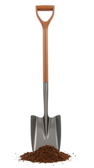 Sturdy shovel with wooden handle stands upright beside mound of rich, dark soil, perfect for gardening or landscaping projects