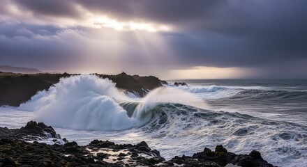 Obraz premium Iceland's Tempestuous Coast: Sunbeams Illuminate a Crashing Ocean Wave