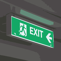 A vector graphic of an illuminated green emergency exit sign pointing left. Safety, guidance, and evacuation route concept illustration.