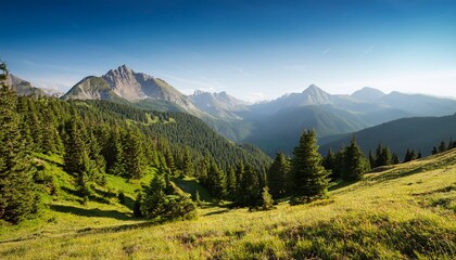 Fototapeta premium peaceful summer mountain ranges surrounded by vibrant forests inviting exploration and camping under clear skies