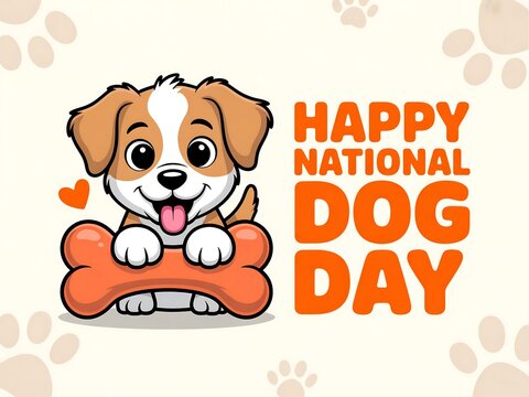 Adorable cartoon puppy celebrates national dog day with a big orange bone and paw print background