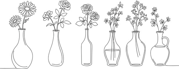 Minimalist flower vase illustration, line art floral drawing, hand-drawn vases with flowers, black and white botanical sketch, elegant decor