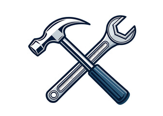 Iconic crossed hammer and adjustable wrench tools on a stark black background