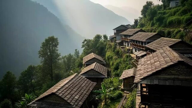 Aerial View of a Traditional Mountain Village with Wooden Houses Green Trees and Distant Mountain Ranges in Nepal with Clear Sky and Soft Sunlight
