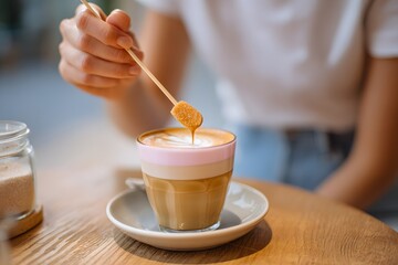 Cappuccino with cinnamon topping on wooden table
