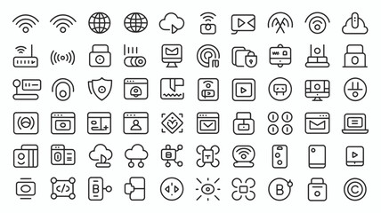 Photo of collection of thin line icons related to networking isolated on white background