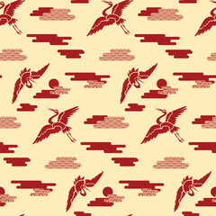 Seamless pattern with Illustration in oriental style with cranes and sun in vector. Vector illustration