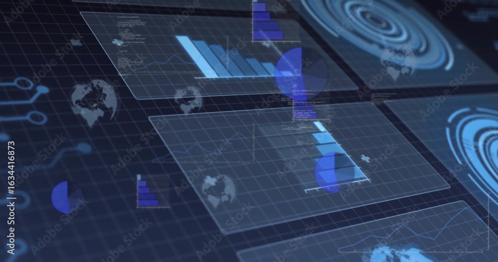 Poster floating panels displaying bar, pie and line charts, with world map icons in virtual workspace