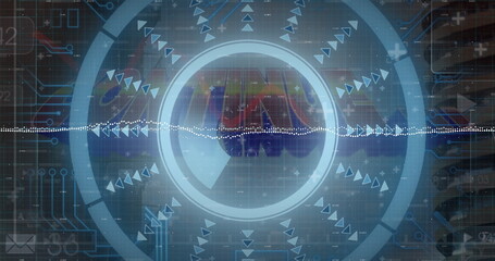 Displaying glowing central circular element within HUD, with triangular arrow icons and waveform