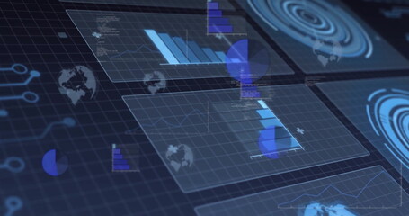 Floating panels displaying bar, pie and line charts, with world map icons in virtual workspace