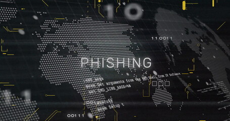 Displaying bold PHISHING text overlaying digital grid, with binary digits and circuit UI