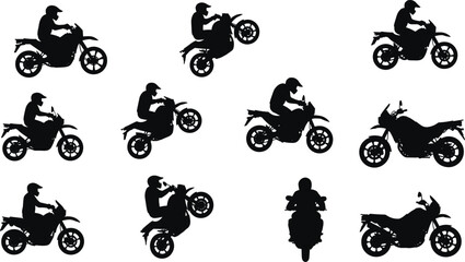 Motorcycle rider silhouettes, wheelie pose, side view, front view, biker action, motorbike dynamics, black vector, isolated, design elements