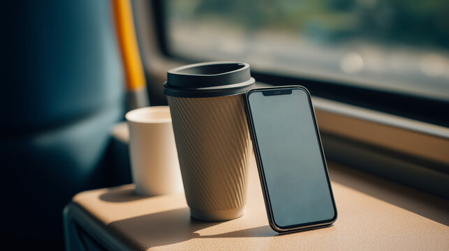 Coffee cup and smartphone on train table for commuter lifestyle visuals, travel blog illustrations, product placement, and digital marketing in soft daylight with muted tones and shallow depth