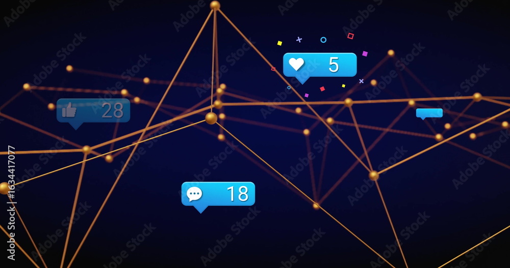 Aufkleber floating golden nodes and thin lines forming web in virtual space, with blue notification bubbles