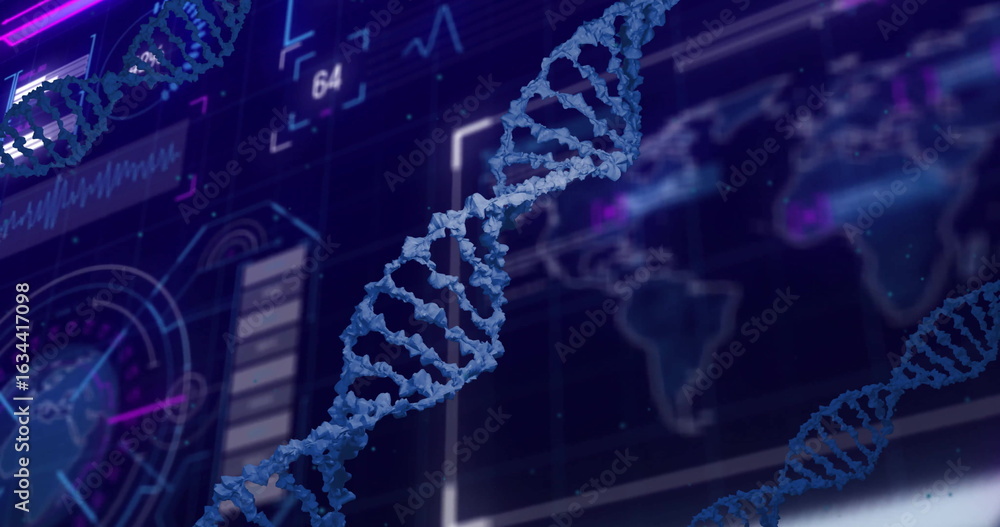 Poster floating blue dna helix rotating in laboratory interface, with world map and data panels
