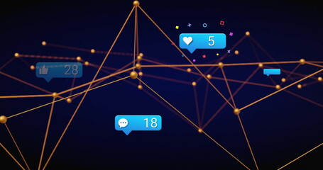 Floating golden nodes and thin lines forming web in virtual space, with blue notification bubbles