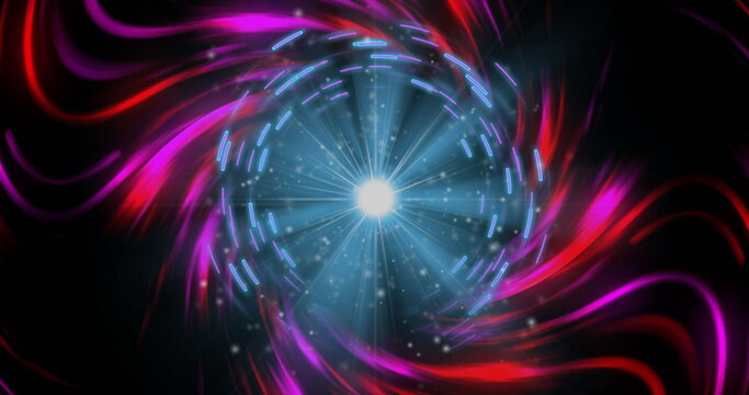 Swirling light vortex radiating in dark void, with glowing nucleus, blue rings, red-magenta streaks