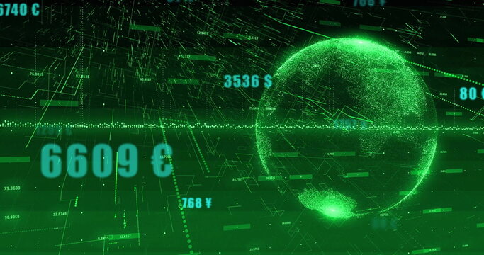 Displaying dashboard streaming numeric data around holographic globe with waveform line, copy space