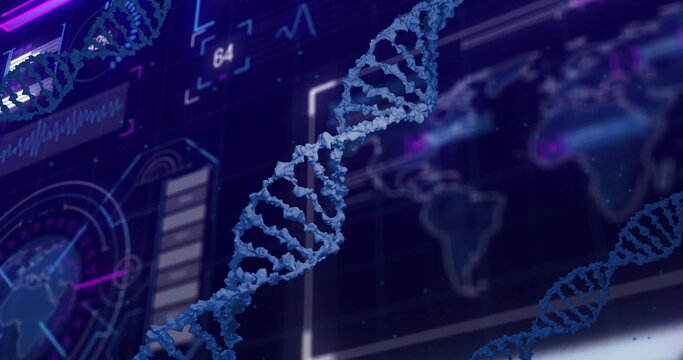 Floating blue DNA helix rotating in laboratory interface, with world map and data panels