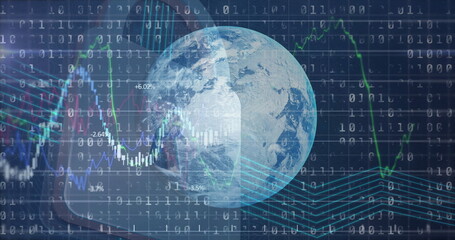 Displaying transparent Earth globe over binary code grid, showing colored financial data charts